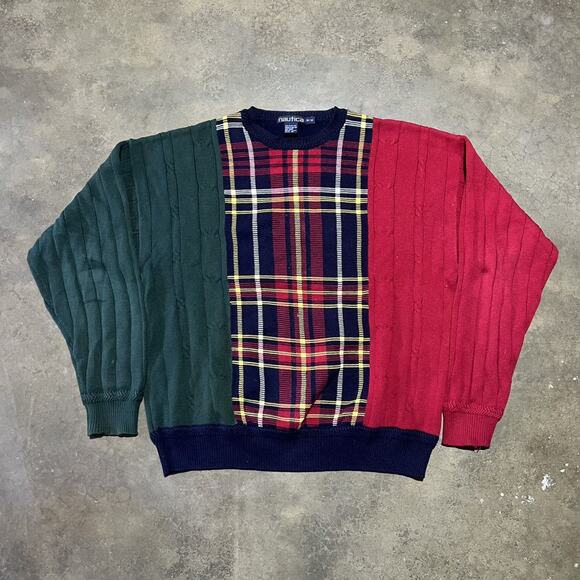 Vintage 90s Nautica Green Pattern Cable Knit Sweater - Picture 1 of 4